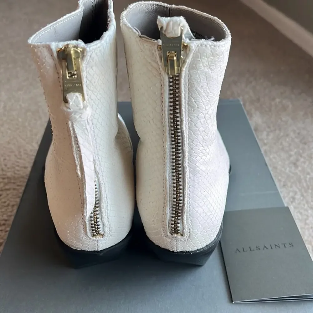 ALL SAINTS Lenora Snake Embossed White Leather Minimalist Neutral Booties - Picture 4 of 12